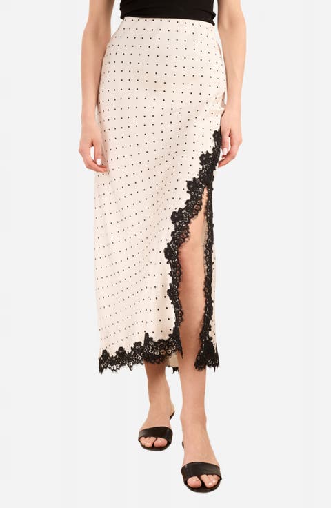 Teagan Polka Dot Lace Accent Silk Maxi Skirt