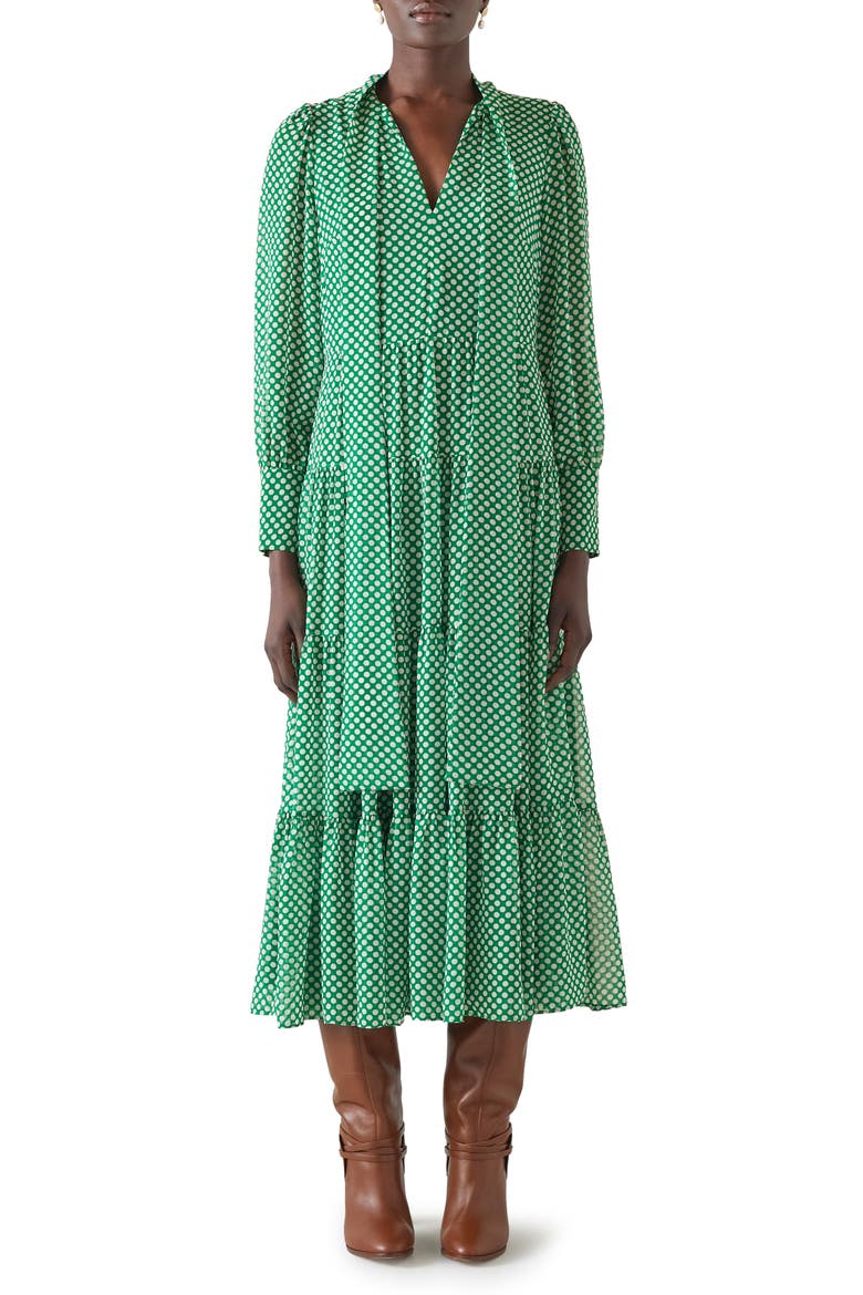 Polly Polka Dot Tie Neck Long Sleeve Midi Dress, Main, color, MALACHITE/ BIRCH
