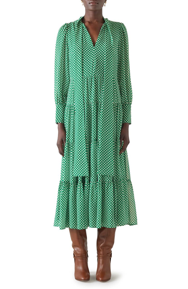 LK Bennett Polly Polka Dot Tie Neck Long Sleeve Midi Dress, Main, color,