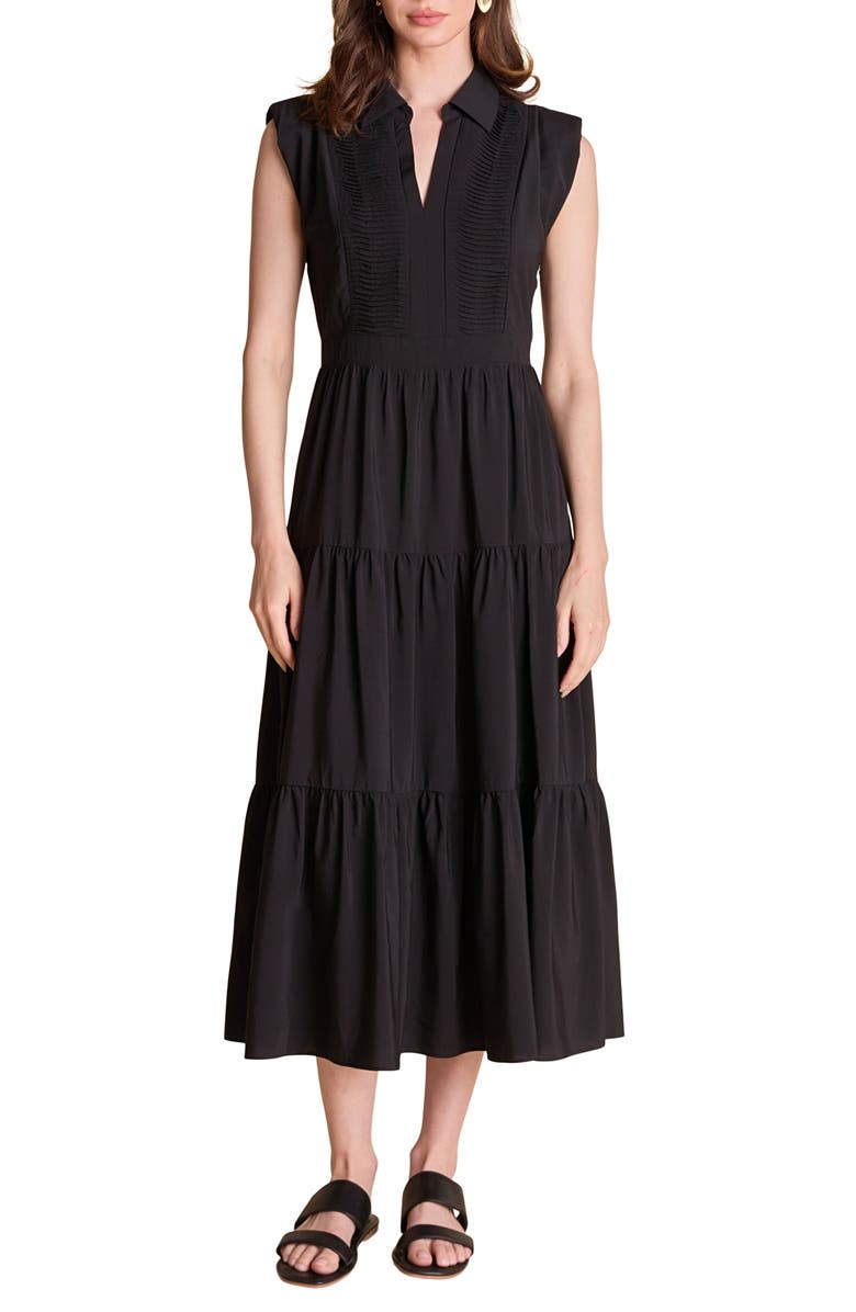 Endless Rose Pintuck Detail Tiered Midi Dress, Main, color, Black