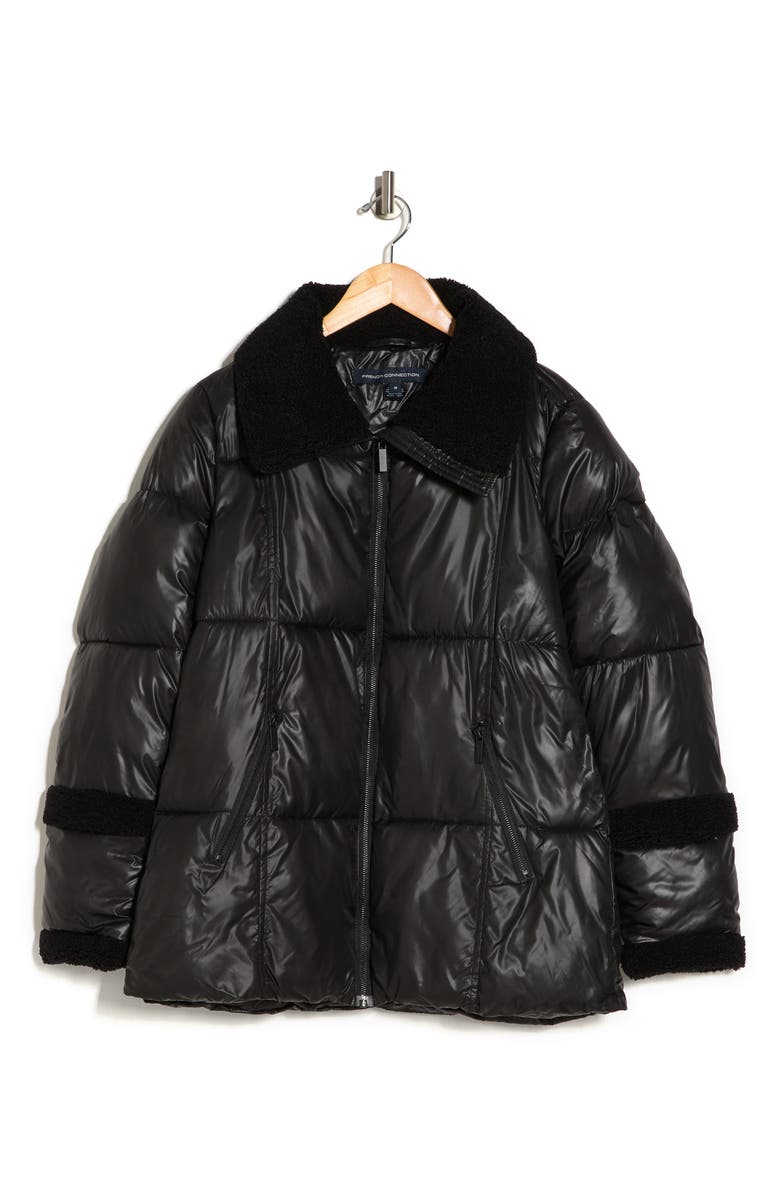 French Connection Puffer Faux Shearling Trim Jacket, Alternate, color,