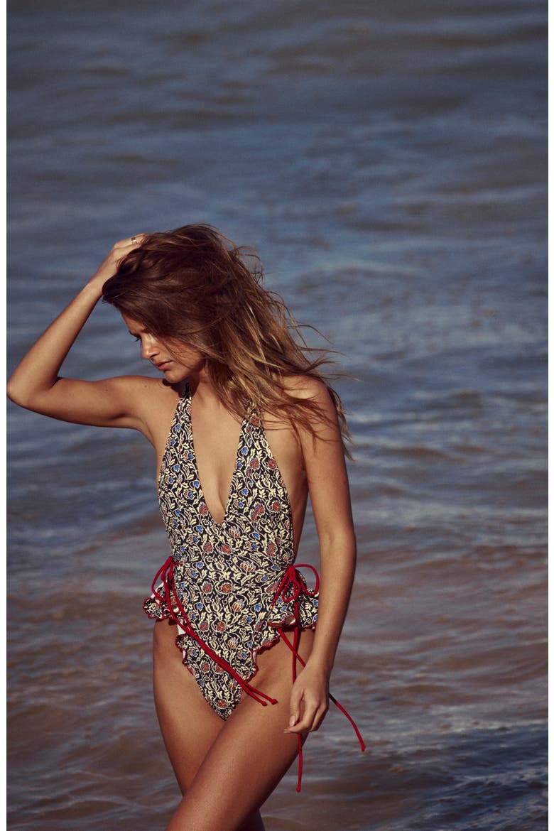 Lettuce Edge Ruffle Plunge One-Piece Swimsuit, Alternate, color, MYSTIC GARDEN