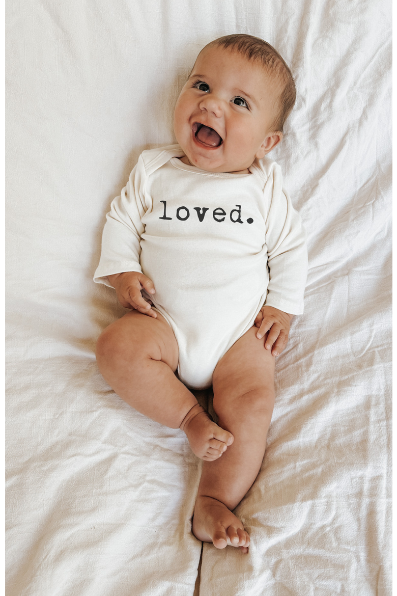 Loved - Organic Long Sleeve Baby Bodysuit, Alternate, color, Natural Black Lettering
