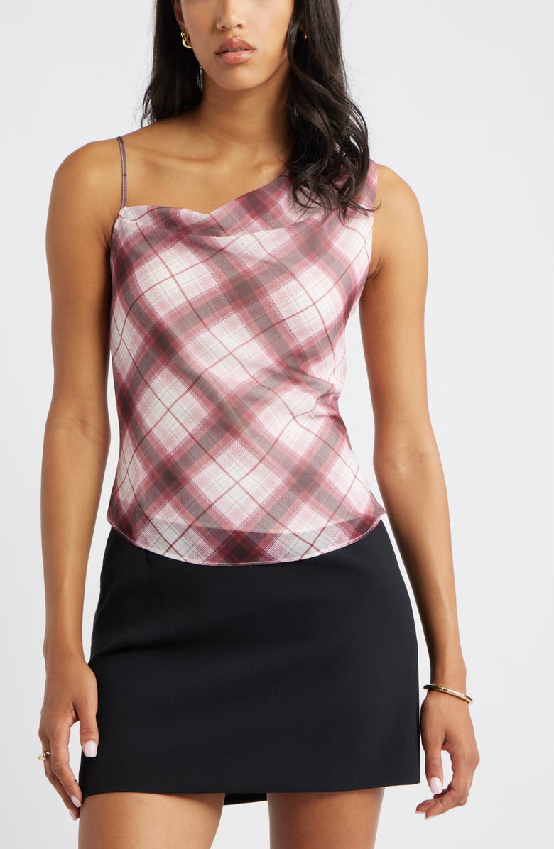 Open Edit Drape Asymmetric Neck Top, Main, color, Ivory- Red Reese Plaid