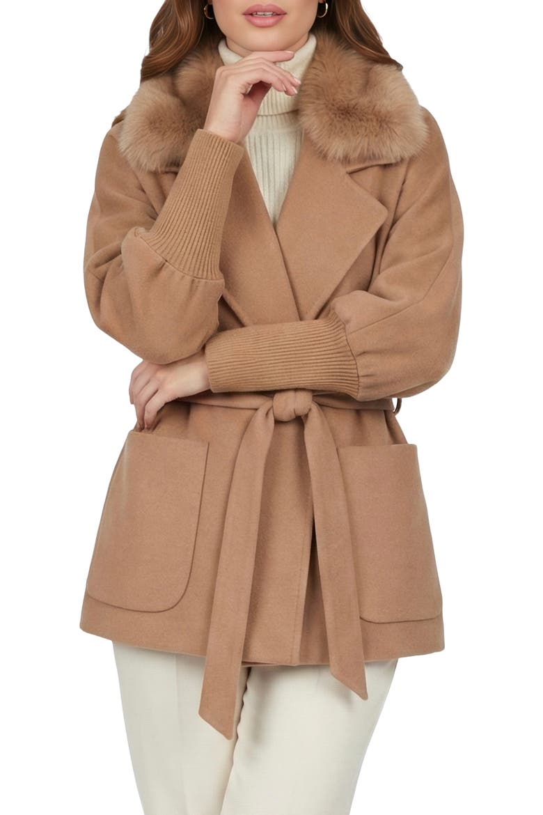 Fabric Jacket With Detachable Genuine Shearling Collar, Belt, Alternate, color, CAMEL