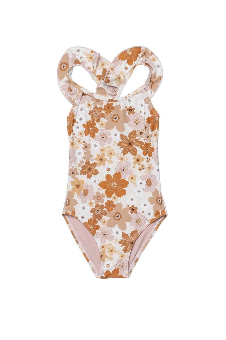 Nostalgic Bloom Square Neck Ruffle One Piece Swimsuit, Main, color, Brown-Haze
