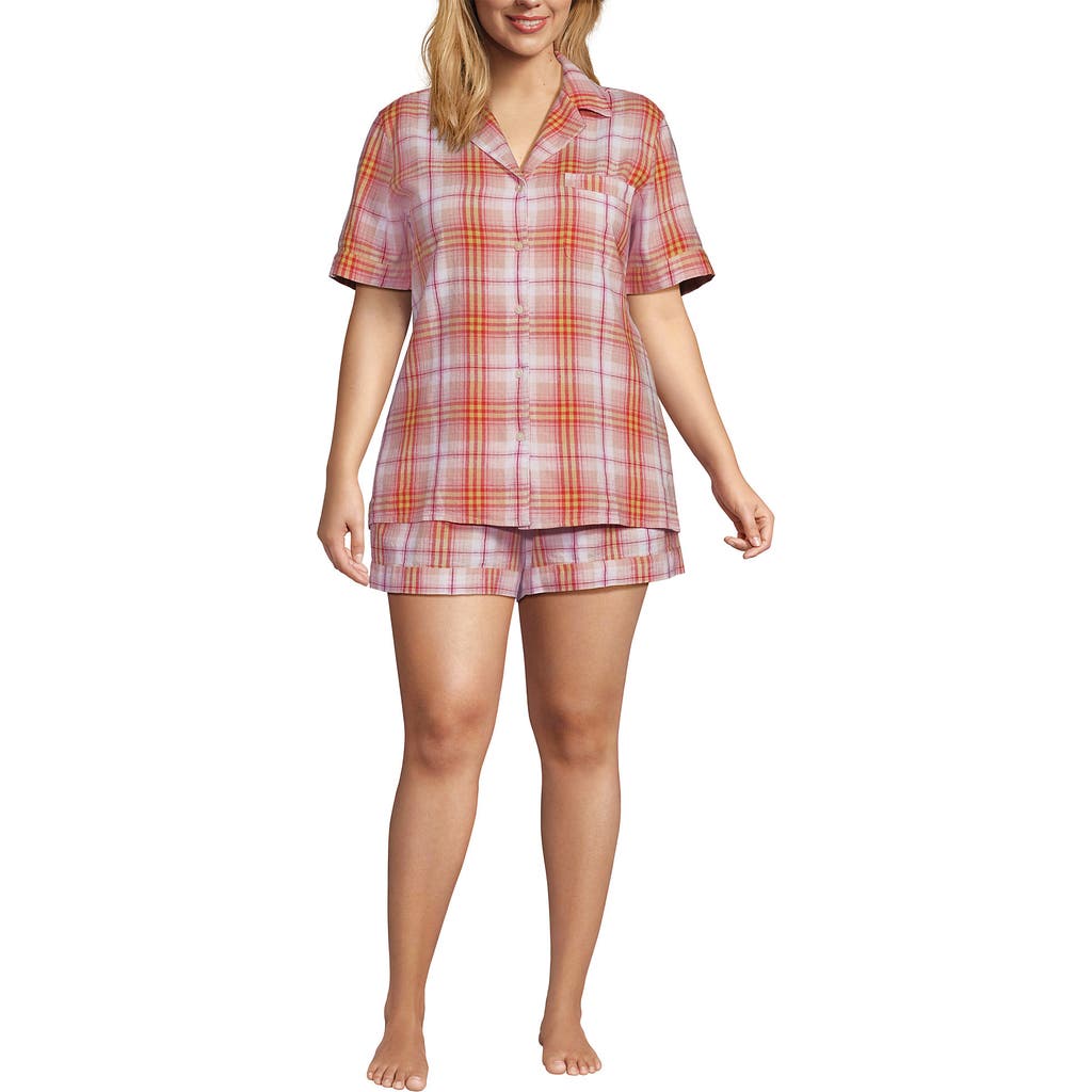 Shop Lands' End Women Linen 2 Piece Pajama Set In Sunset Coral Pink Plaid