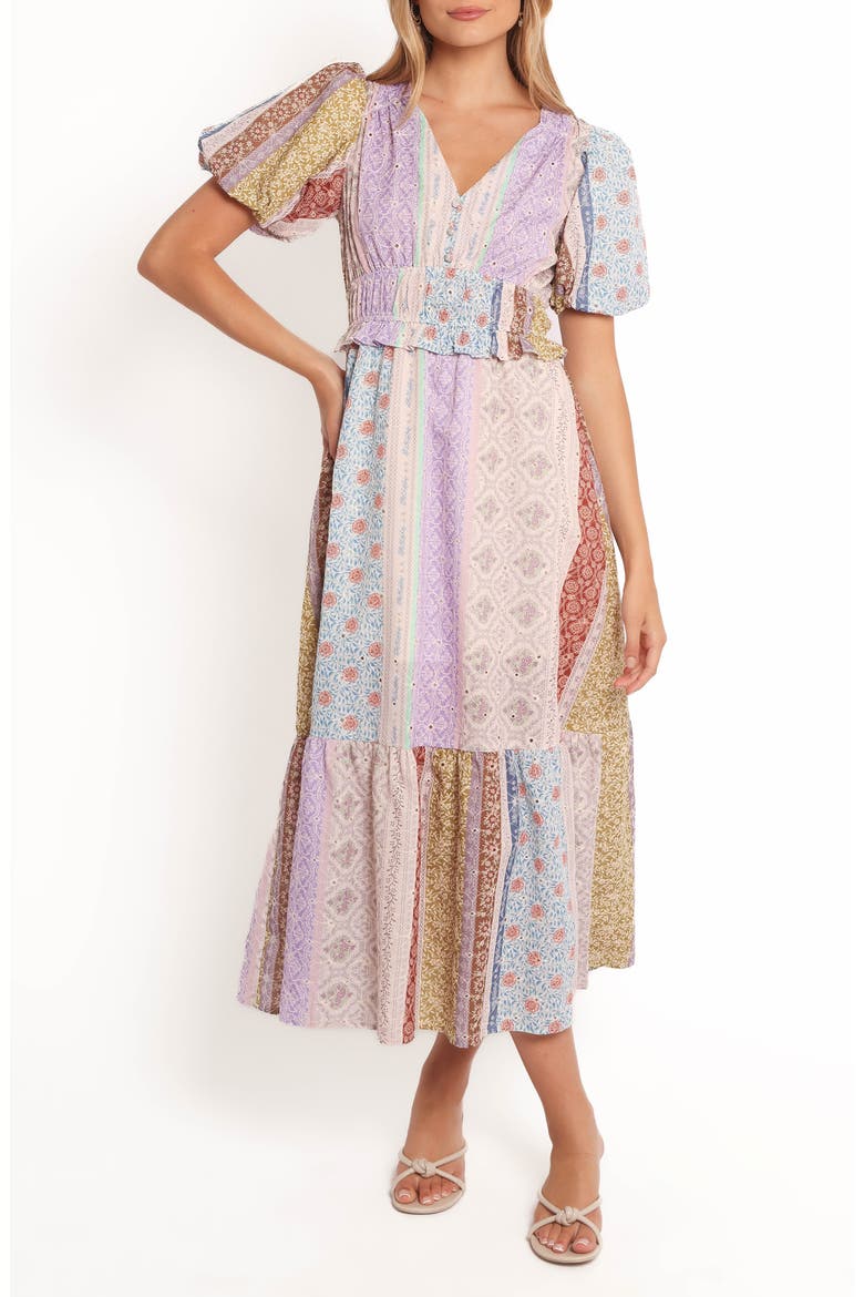Verona Patchwork Print Midi Dress, Main, color, BOTANIC MULTI