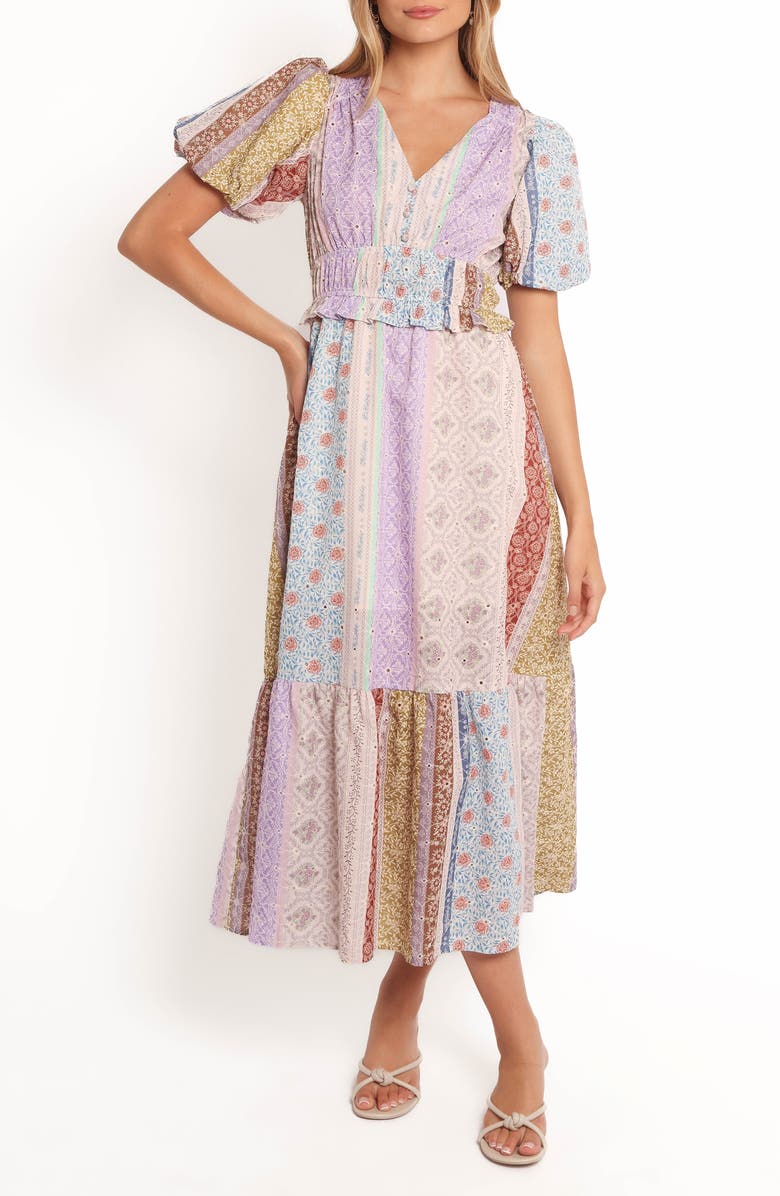 Petal & Pup Verona Patchwork Print Midi Dress, Main, color, Botanic Multi