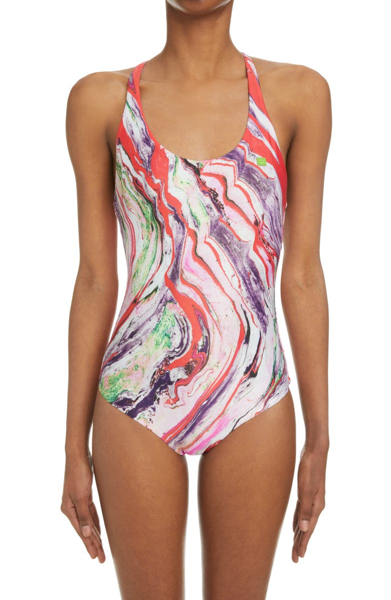 Acne Studios Witala Face Marble Print One-Piece Swimsuit, Main, color, Neon Red