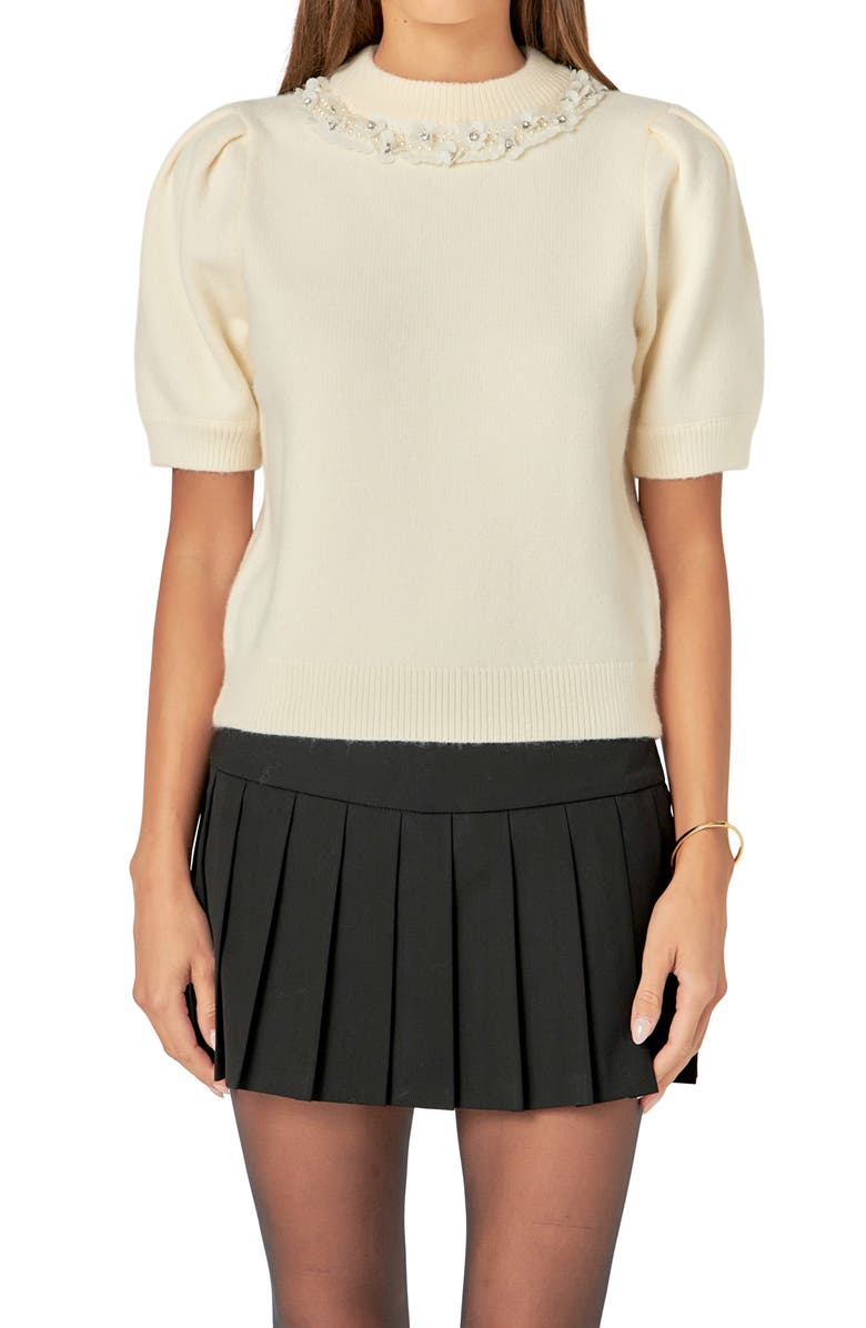 English Factory Embellished Puff Sleeve Sweater, Alternate, color, Off White
