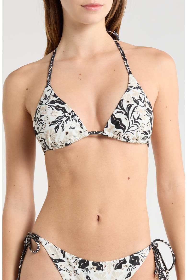 Nikoleta Floral Appliqué Triangle Bikini Top, Main, color, BLACK COMBO