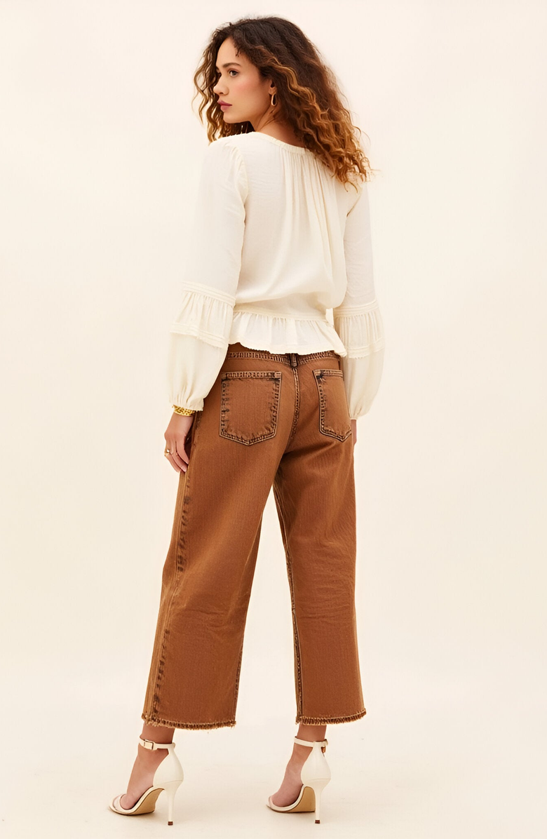 Modenaire Textured Peplum Blouse with Button Front and Sheer Ruffle Sleeves, Alternate, color, Ivory