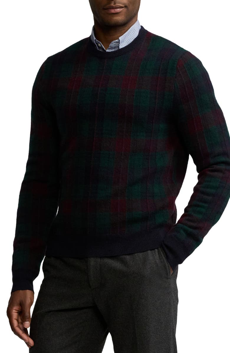 Ralph Lauren Purple Label Plaid Cashmere Crewneck Sweater, Alternate, color, 