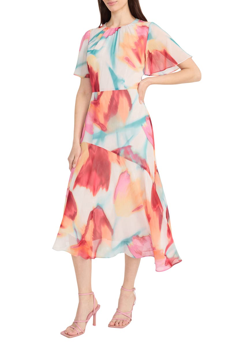 Maggy London Flutter Sleeve Midi Dress, Alternate, color, Cream/ Coral Pink