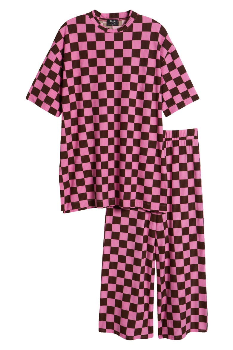 Lex Ribbed Oversize T-Shirt & High Waist Crop Pants Set, Alternate, color, PINK/ BROWN