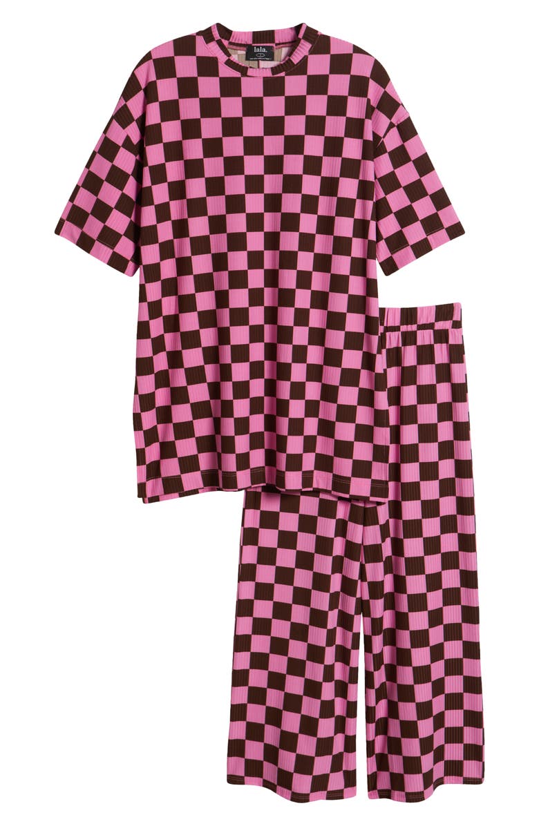 Dressed in Lala Lex Ribbed Oversize T-Shirt & High Waist Crop Pants Set, Alternate, color, Pink/ Brown