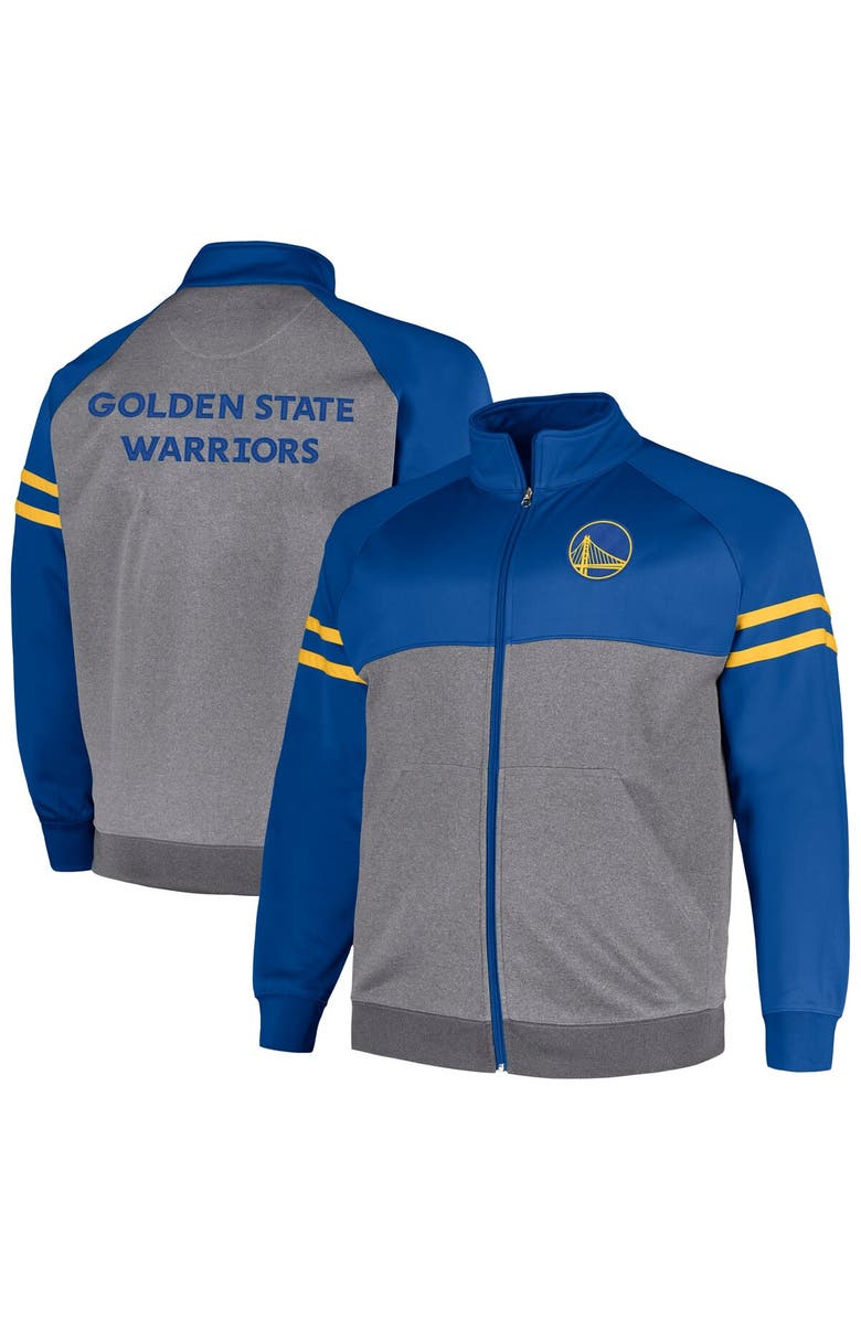 FANATICS Men's Fanatics Branded Royal/Heather Gray Golden State Warriors Big & Tall Pieced Stripe Raglan Full-Zip Track Jacket, Main, color, Royal