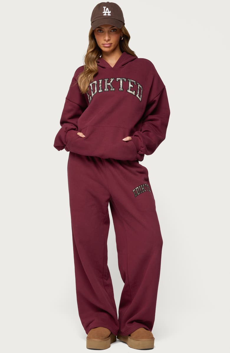 EDIKTED Camo Crush Logo Wide Leg Sweatpants, Alternate, color, Burgundy