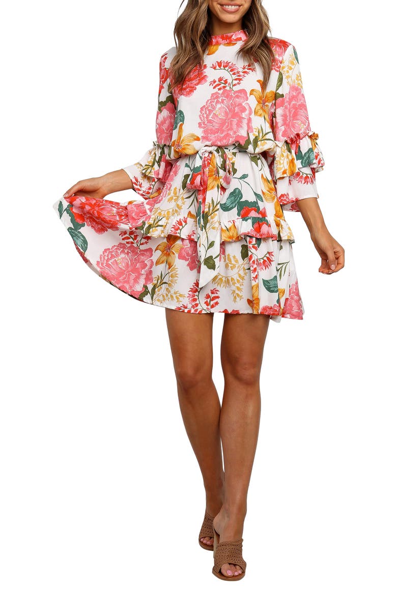 Peta Floral Print Tiered Dress, Main, color, WHITE