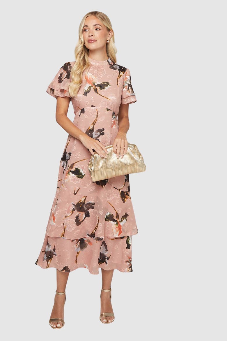 Petite Floral Burn Out Ruffle Midi Dress, Main, color, Blush