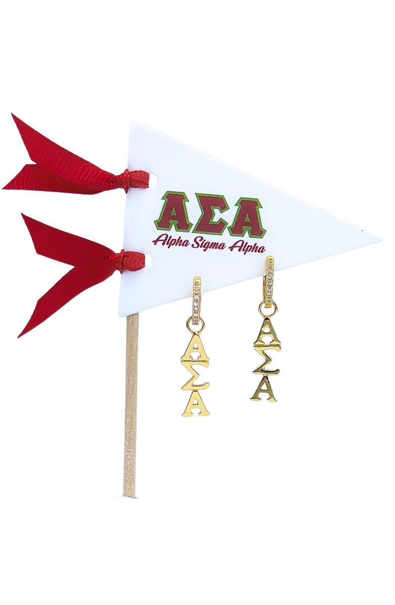 Color Shout Alpha Sigma Alpha Greek Letter Huggie + Charm Earrings, Main, color, Yellow Gold