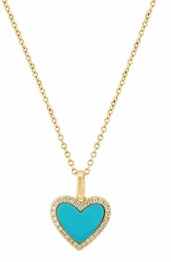 14K Gold Diamond & Turquoise Heart Pendant Necklace.