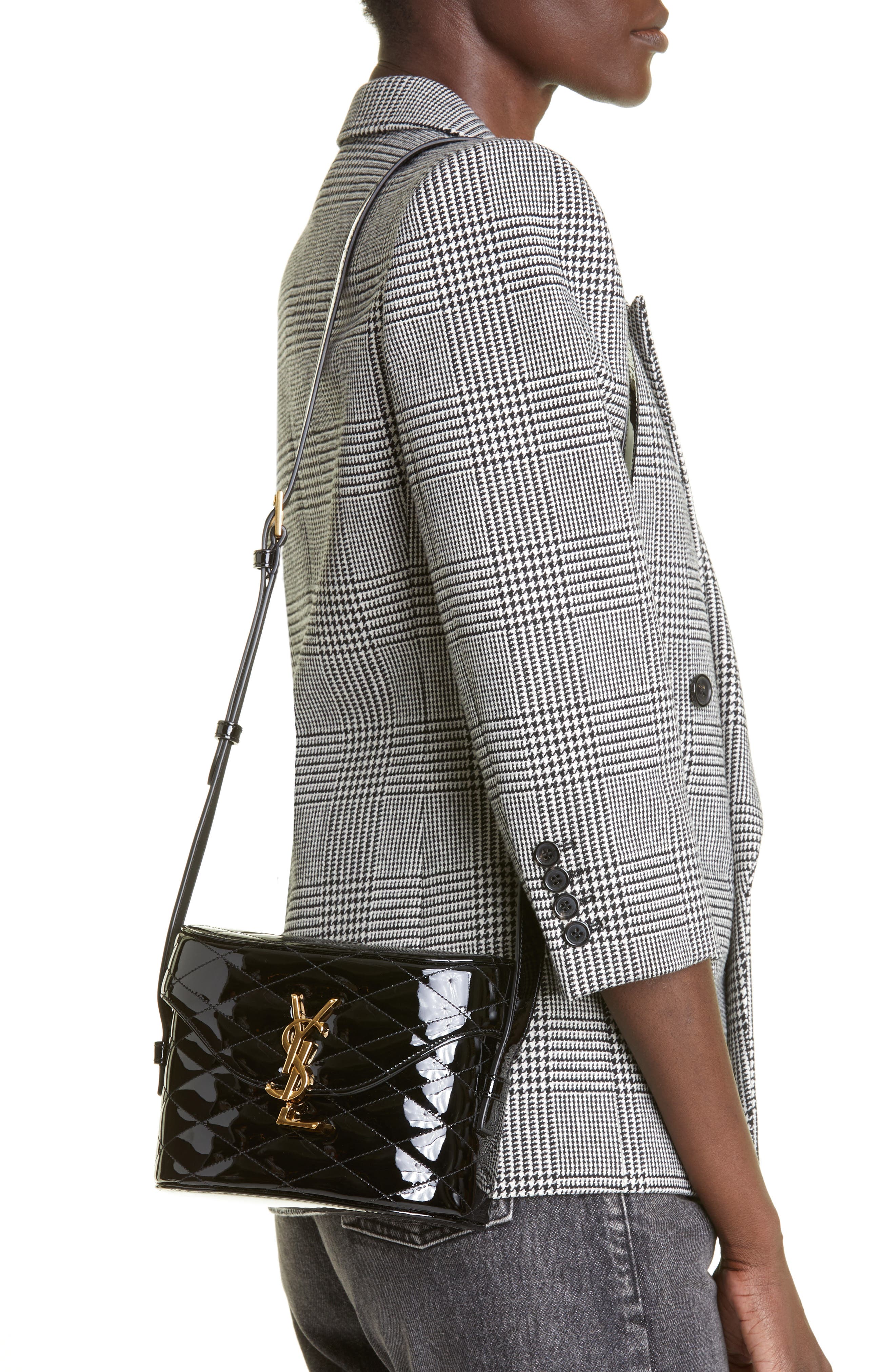 Saint Laurent Logo Quilted Patent Leather Camera Crossbody Bag, Alternate, color, 