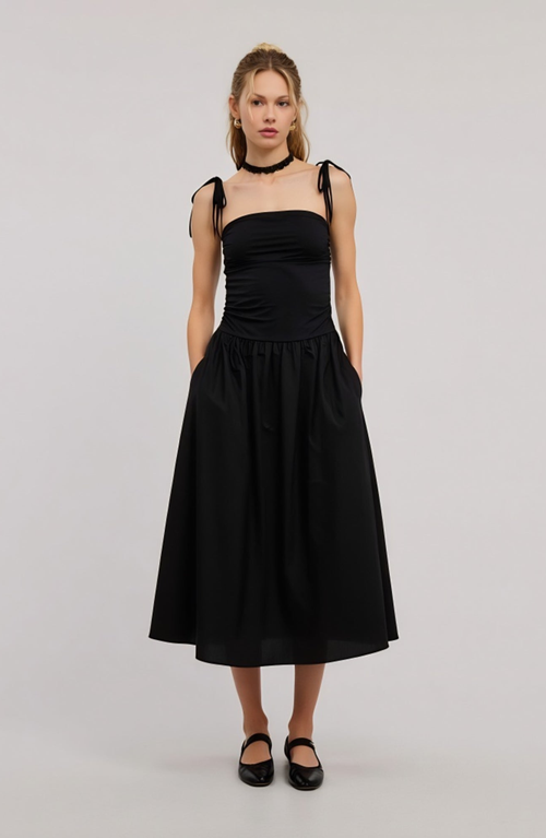 Modenaire Ruched Bodice Midi Dress With Tie Straps And Gathered Skirt In Black