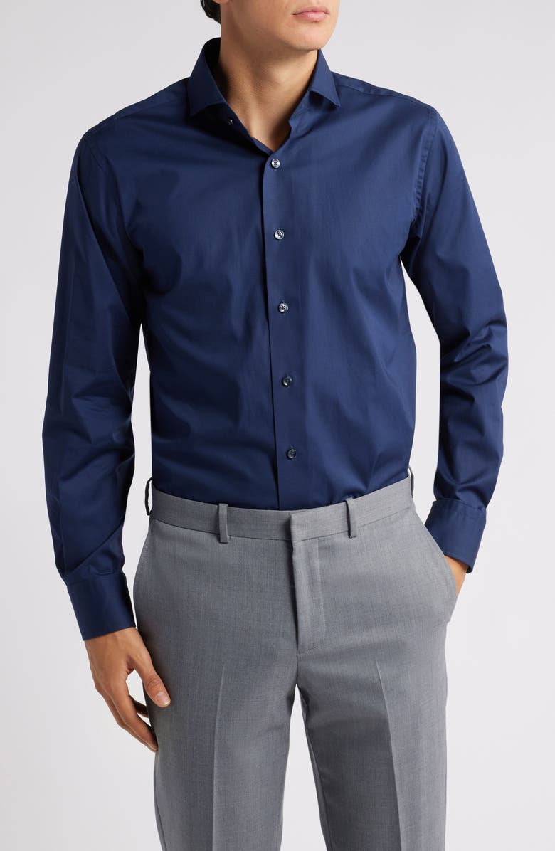 Lorenzo Uomo Trim Fit Solid Stretch Cotton Dress Shirt, Main, color, Navy