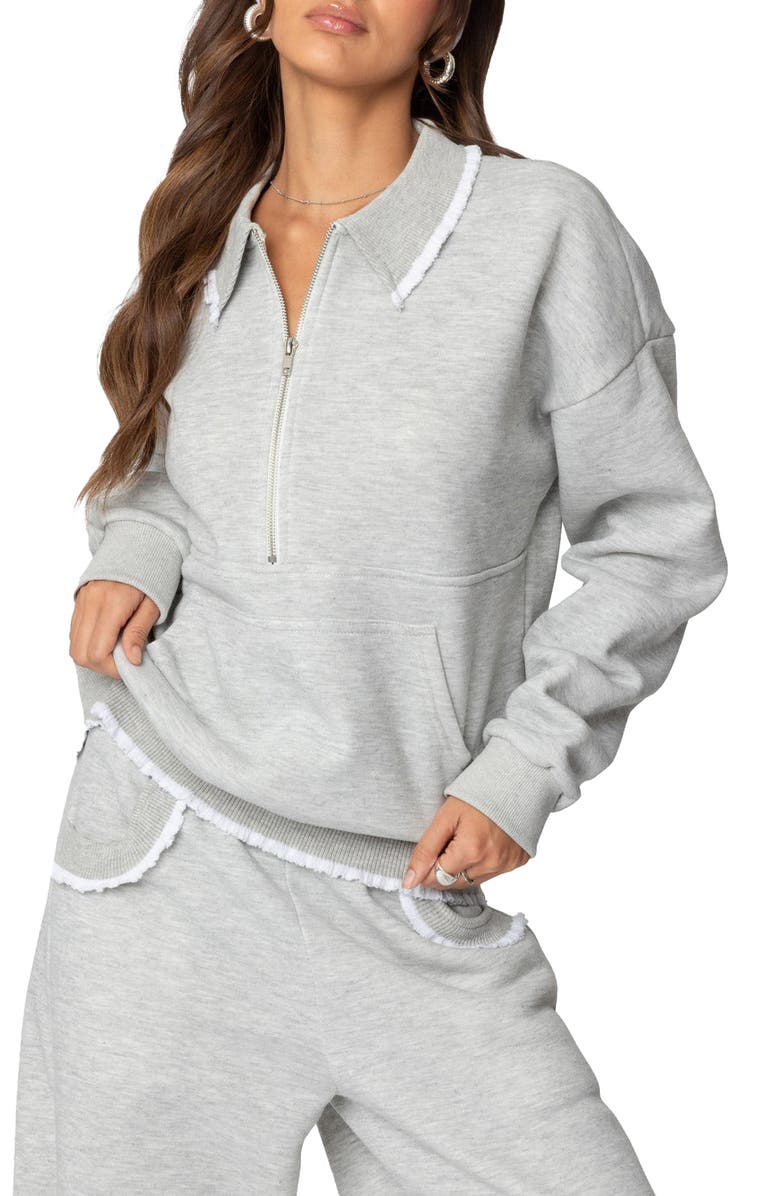 EDIKTED Ashtin Ruffle Trim Sweatshirt, Main, color, Gray-Melange
