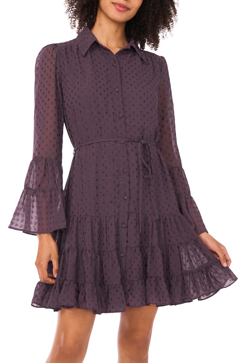 Metallic Clip Dot Long Sleeve Tiered Dress, Alternate, color, GUNMETAL