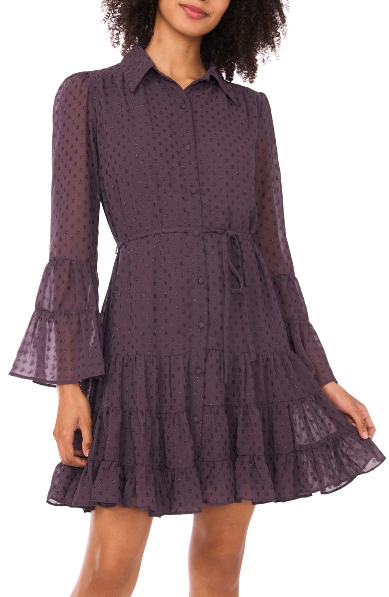 CeCe Metallic Clip Dot Long Sleeve Tiered Dress, Alternate, color, Gunmetal