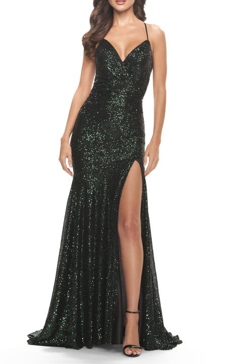Long Sequin Gown with Dramatic Flare Skirt and Slit
