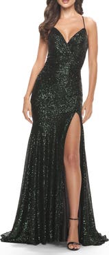 La Femme Long Sequin Gown with Dramatic Flare Skirt and Slit