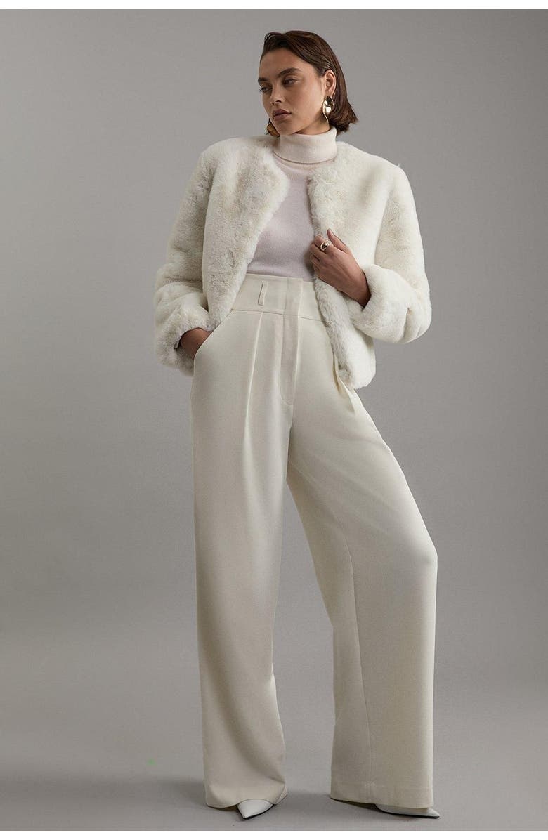 Karen Millen Collarless Faux Fur Jacket, Alternate, color, Ivory