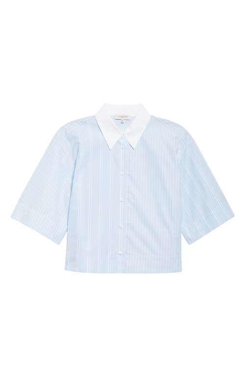 Lafayette 148 Striped Cotton Button Up Short Sleeve Shirt In Blue