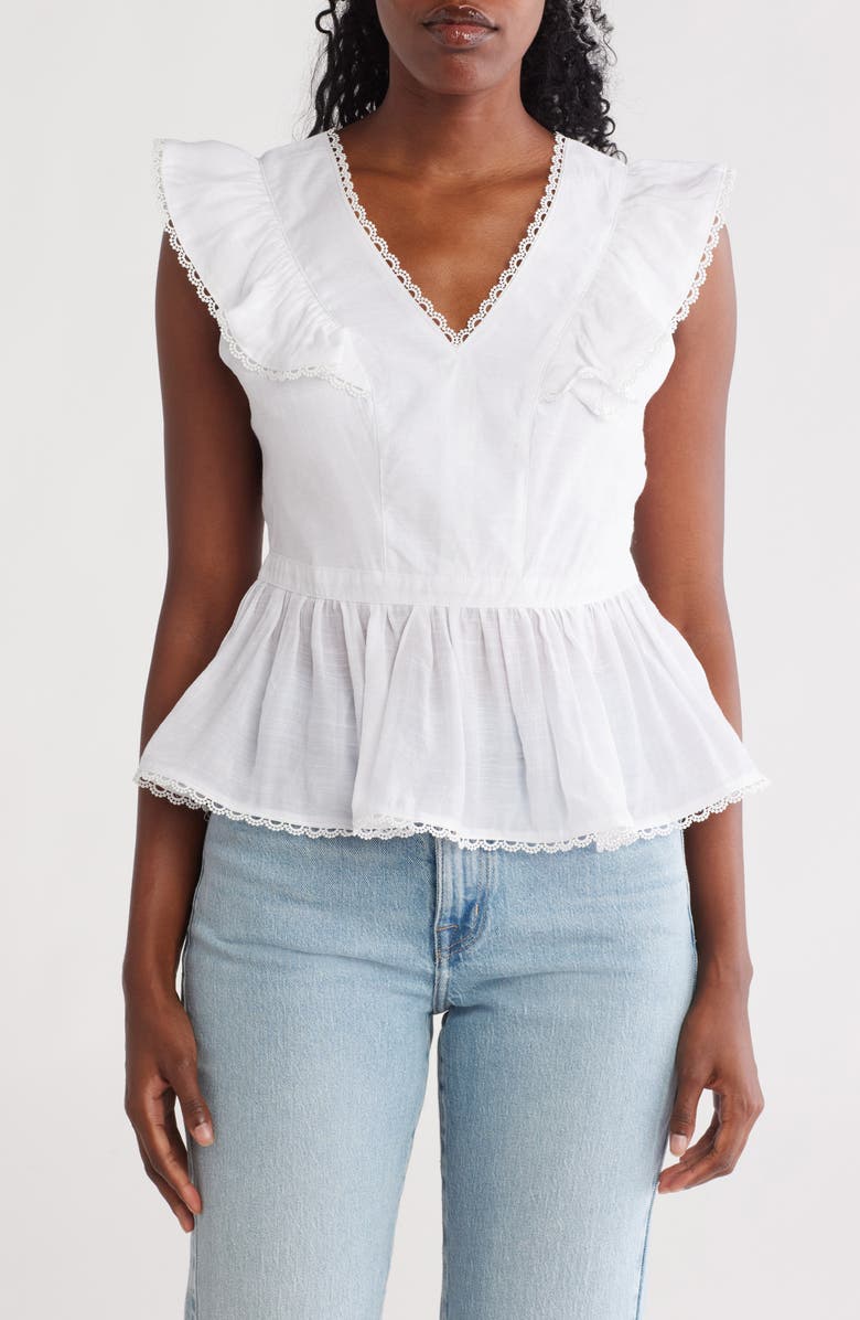 Nanette Lepore Lace Trim V-Neck Peplum Top, Main, color, Brilliant White