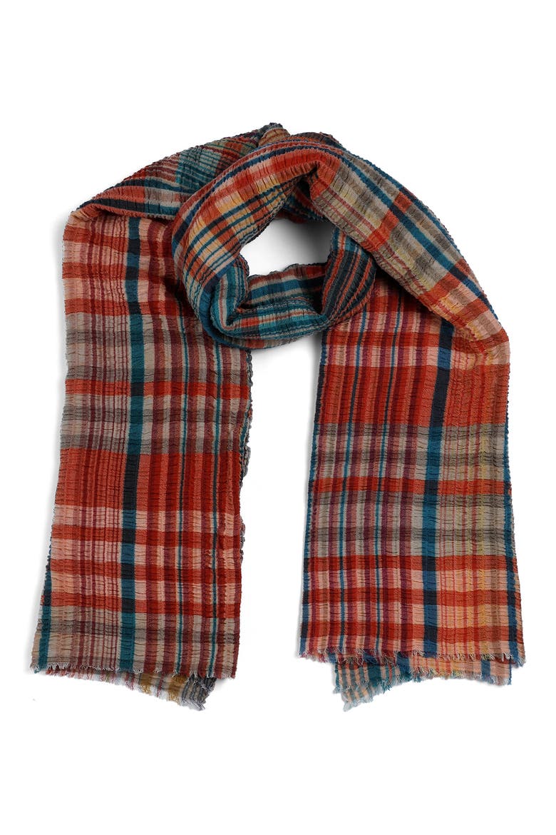 Plaid Seersucker Wool Blend Fringe Scarf, Alternate, color, CORAL