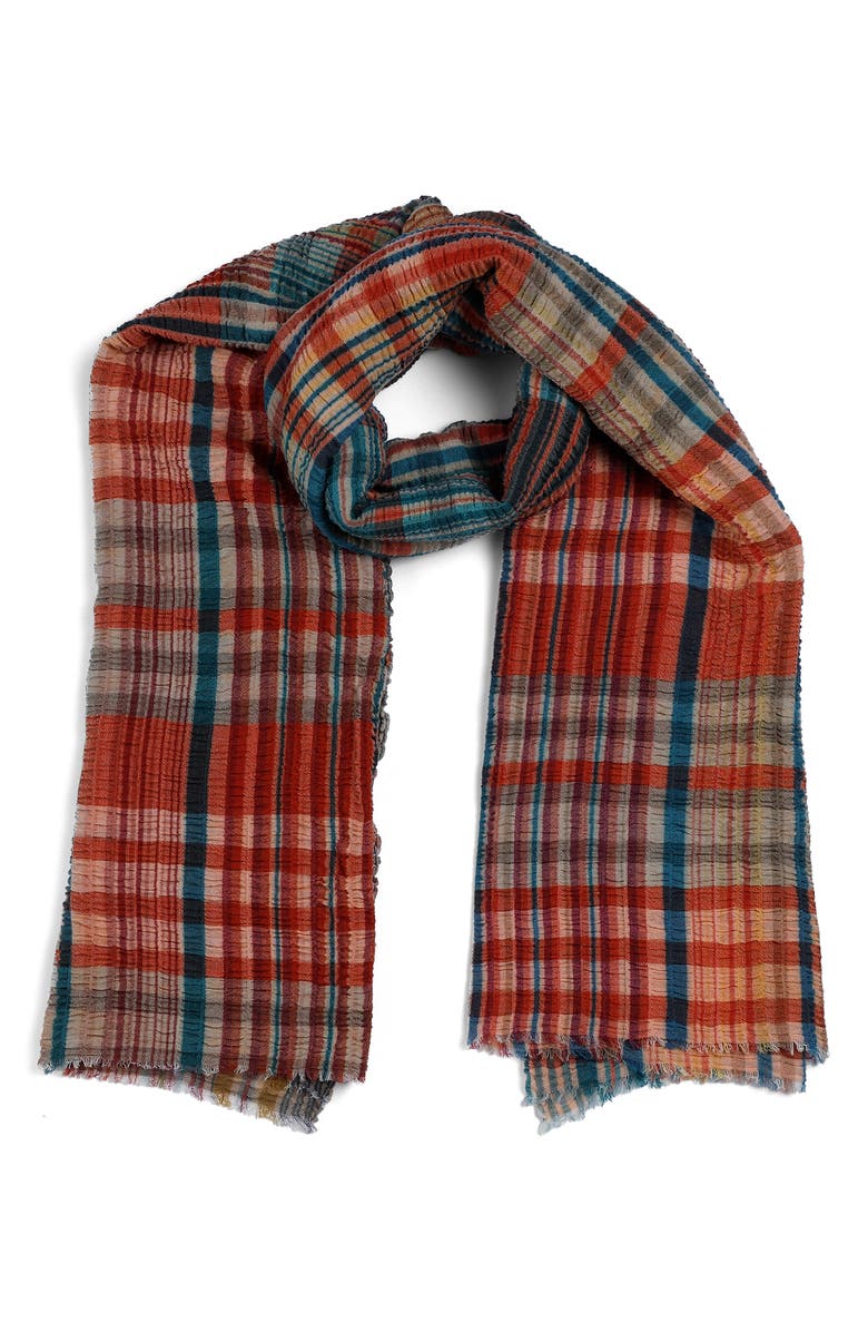 Vismaya Plaid Seersucker Wool Blend Fringe Scarf, Alternate, color, Coral