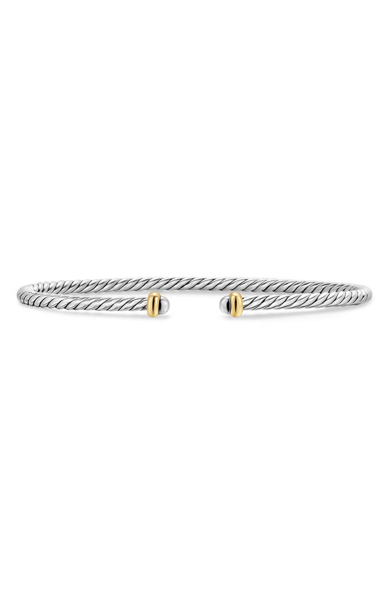 David Yurman Micro Cable Flex Sterling Silver & Yellow Gold Open Bracelet, 2.6mm, Main, color, Silver