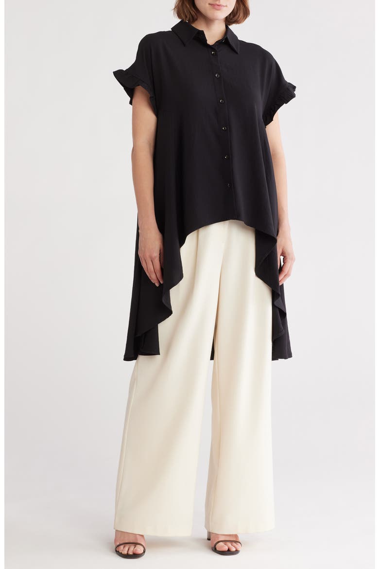 Ruffle High-Low Button-Up Shirt, Main, color, BLACK
