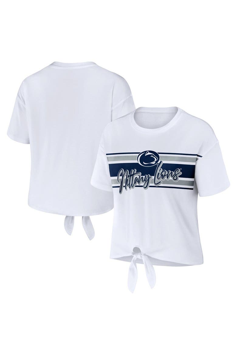 Women's WEAR by Erin Andrews White Penn State Nittany Lions Striped Front Knot Cropped T-Shirt, Main, color, White