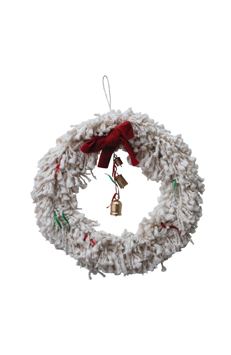 Storied Home Handmade Cotton Blend Yarn Wreath with Red Bow, Red and Green Ribbons and Metal Bells, ivory, Main, color, Ivory