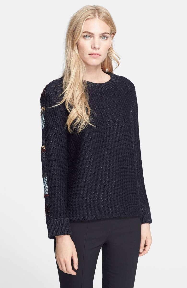 Tory Burch 'Danielle' Metallic Stripe Back Sweater, Alternate, color, 