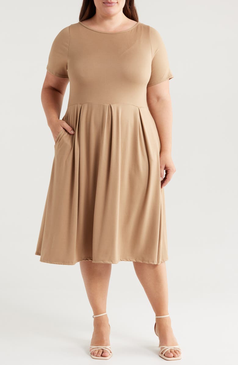 24seven Comfort Apparel Stretch A-Line Midi Dress, Main, color, Taupe