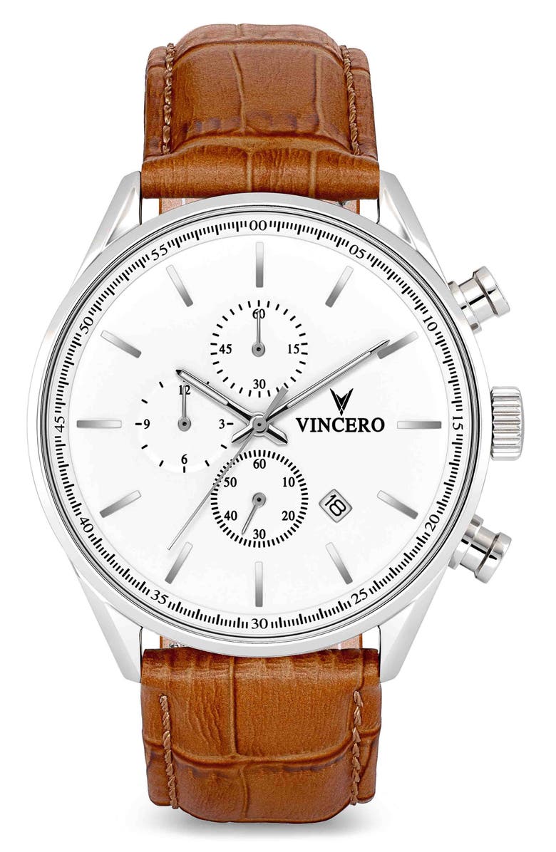 Vincero The Chrono S Chronograph Leather Strap Watch, 43mm, Main, color, Silver Tan