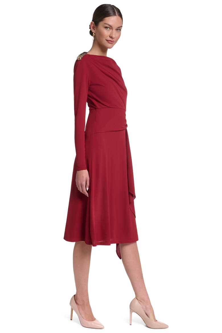 Long Sleeve Draped Jersey Dress with Hardware, Alternate, color, Dark Lava