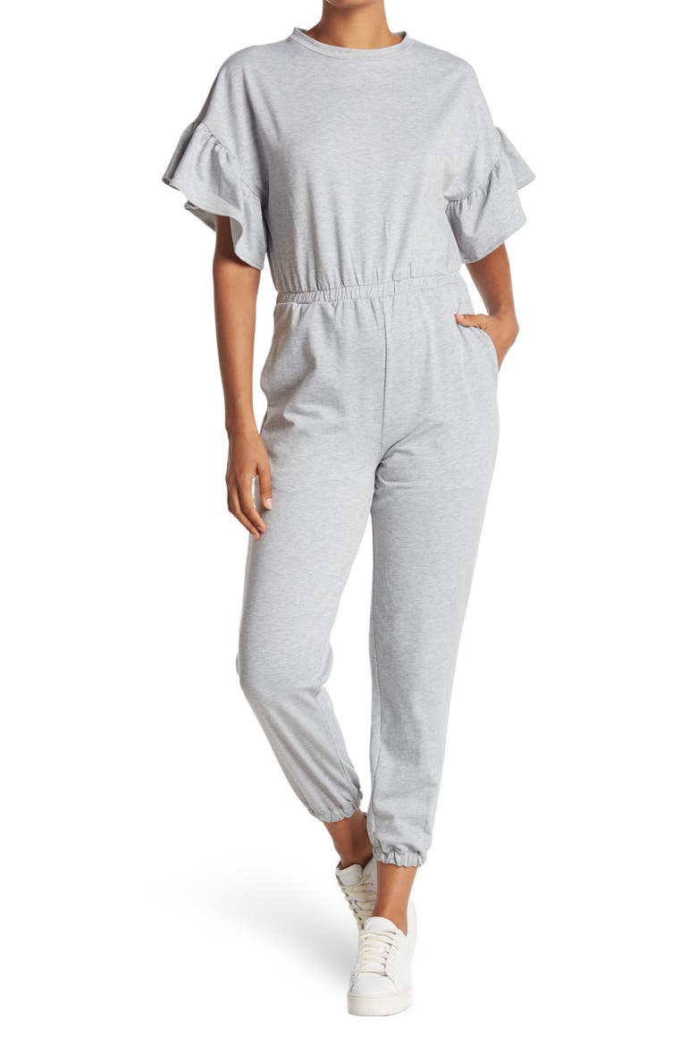 Ruffle Short Sleeve Jogger Jumpsuit, Main, color, HEATHER GREY