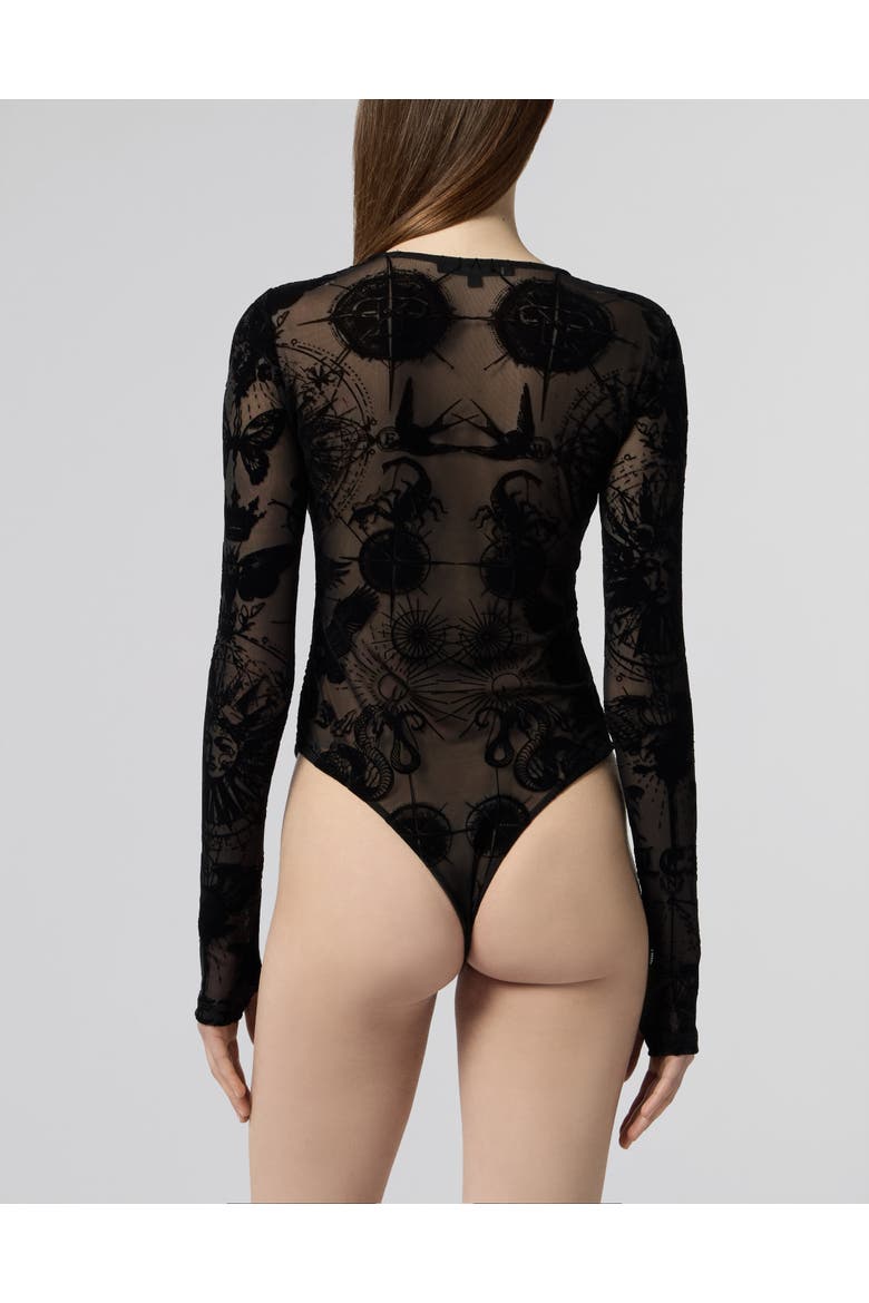 Long Sleeve Bodysuit Flock Butterfly Tattoo Women, Alternate, color, black
